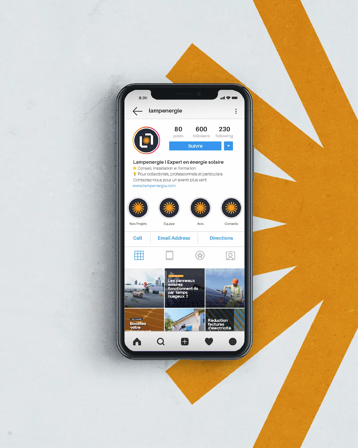 projet Lampenergie m2graph énergie solaire branding print rebranding réseaux sociaux instagram feed