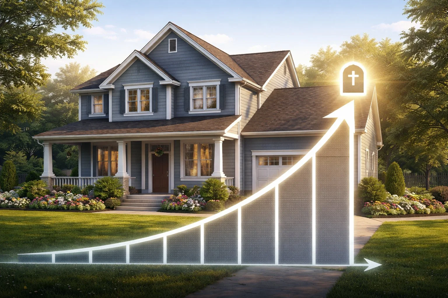 House with a subtle value marker rising at the date of death, illustrating the concept of stepped-up basis without numbers.