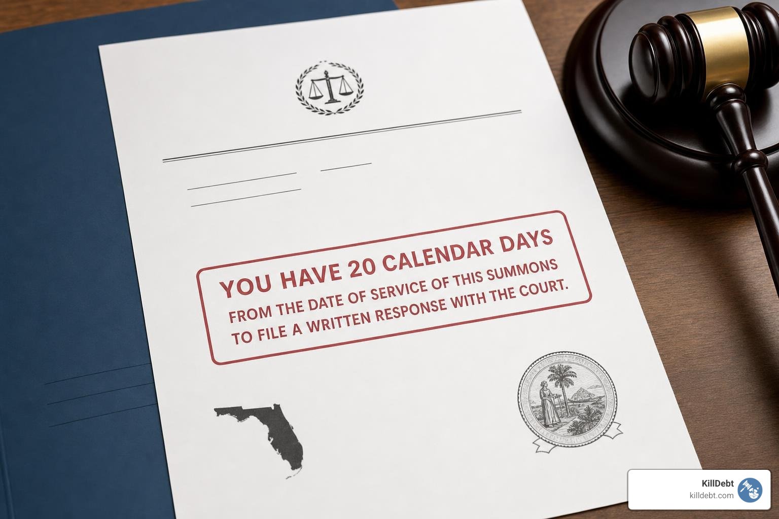 A close-up of a Florida court summons document with a 20-day response warning