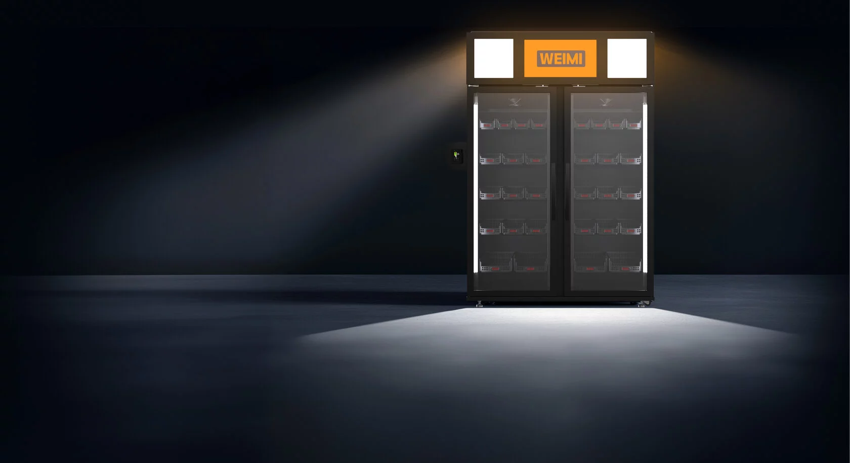WEIMI divdurvju viedais pašapkalpošanās ledusskapis uzņēmumiem uz tumša fona ar pieteikšanās formu