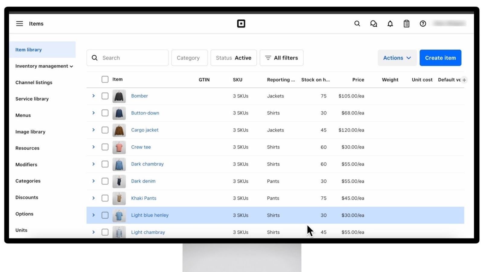 Square's item library for brick-and-mortar stores