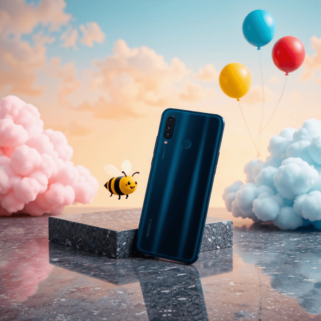 product photography of a smartphone with a sleek design and three camera lenses on the back