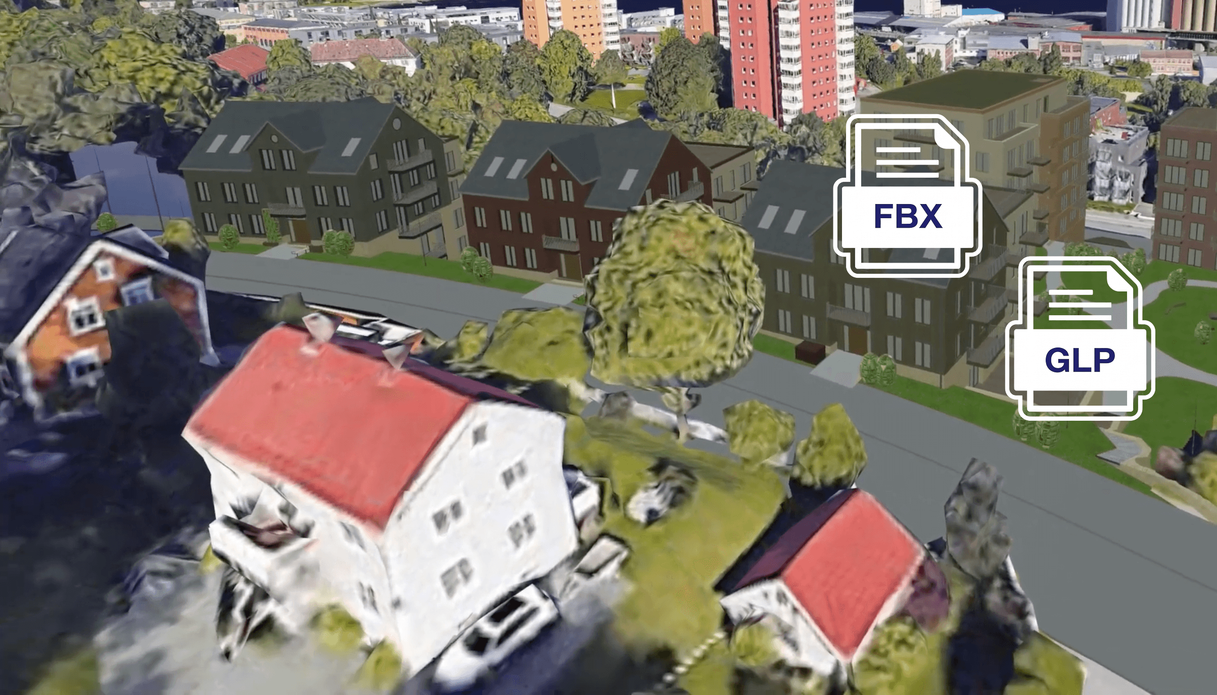 Viser en 3D-model placeret i et 3D-kort med to grafiske elementer oven på billedet, der illustrerer filformaterne FBX og GLP.