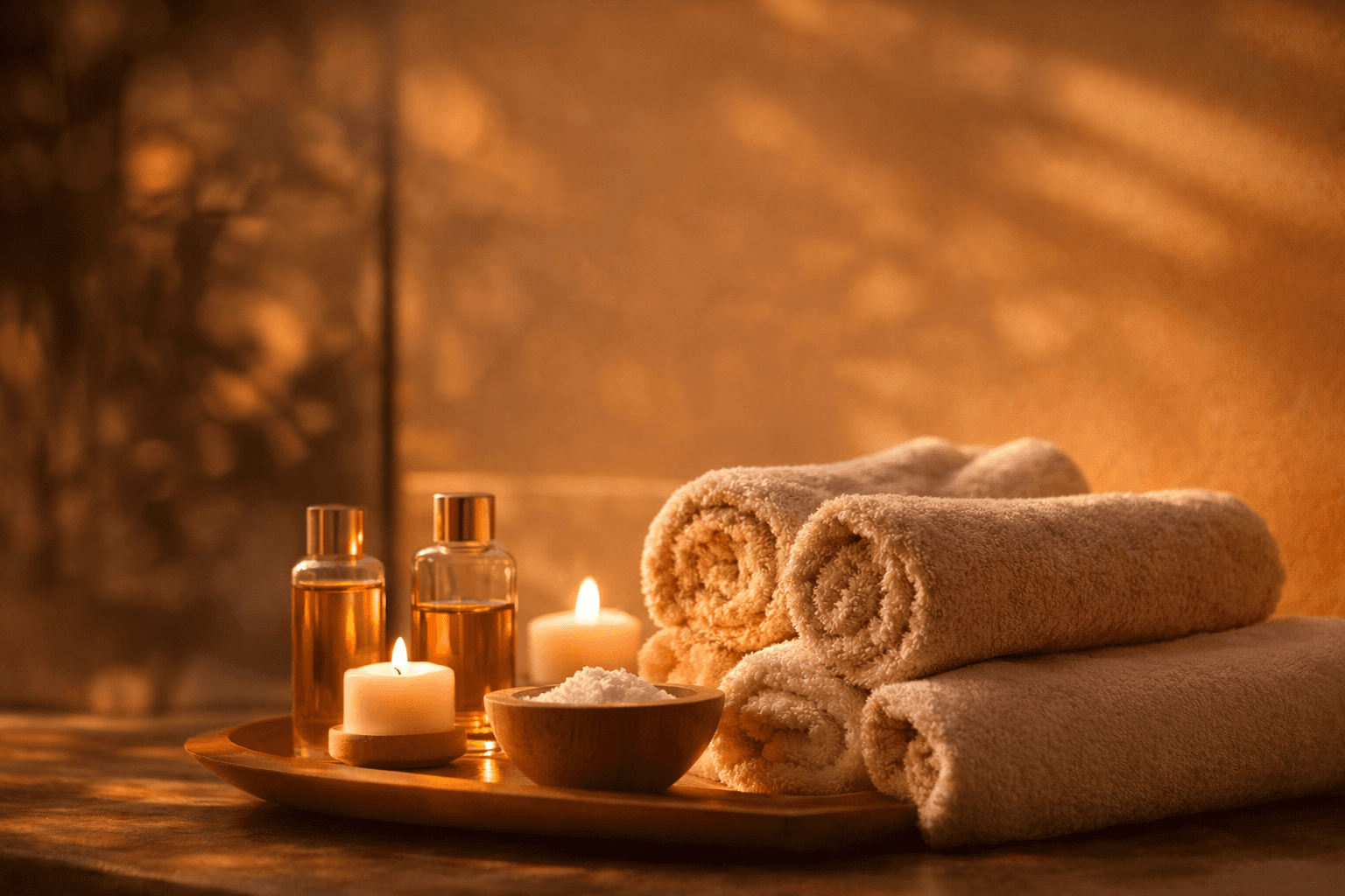 A cozy scene with warm sunlight casting stripes, featuring a potted plant and soft towels on a window sill.