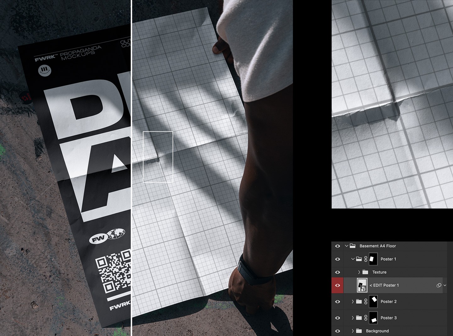 Close up view of the Outdoor A2 Poster Mockup highlighting the Photoshop smart object grid and organized layer panel