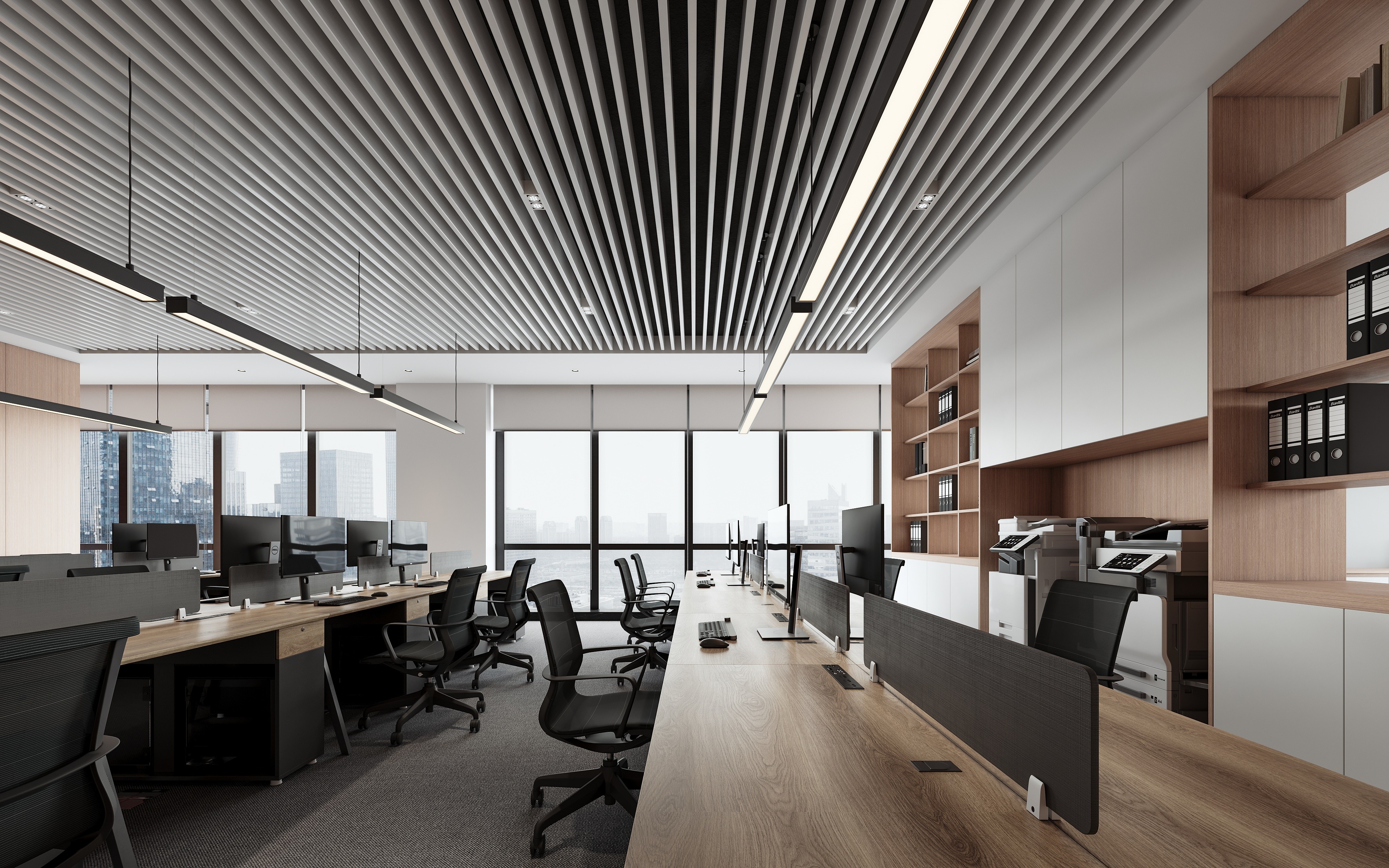 Minimalist corporate workspace with ergonomic white desks and warm timber flooring