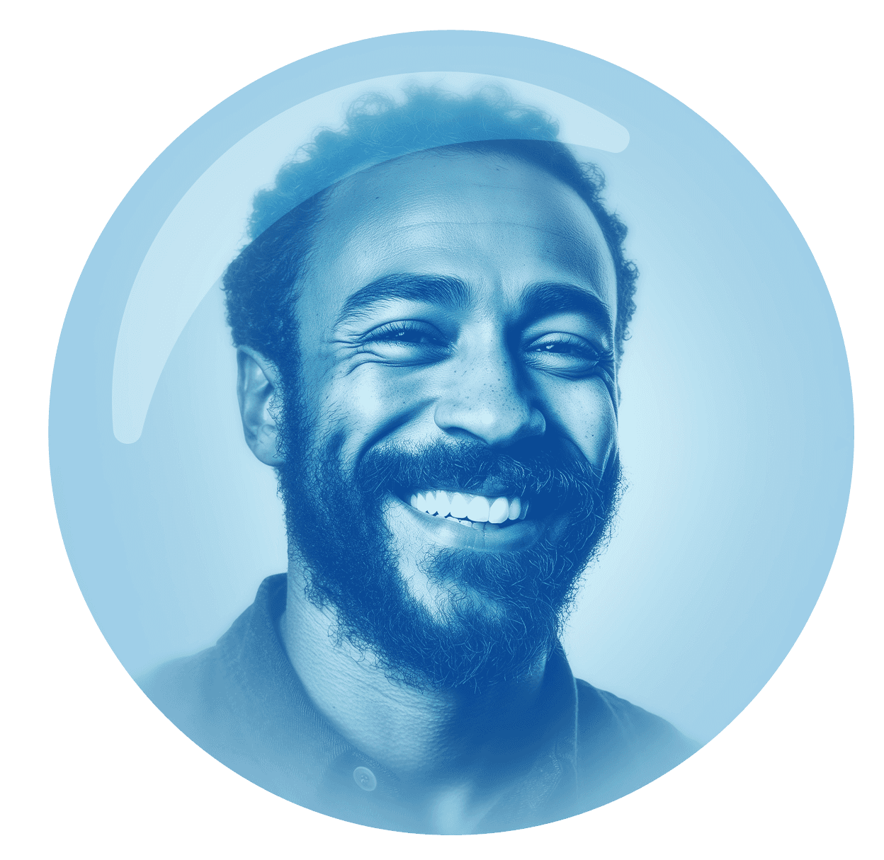 A circular blue-tinted portrait of an older man with facial hair, wearing a suit and looking directly at the viewer.