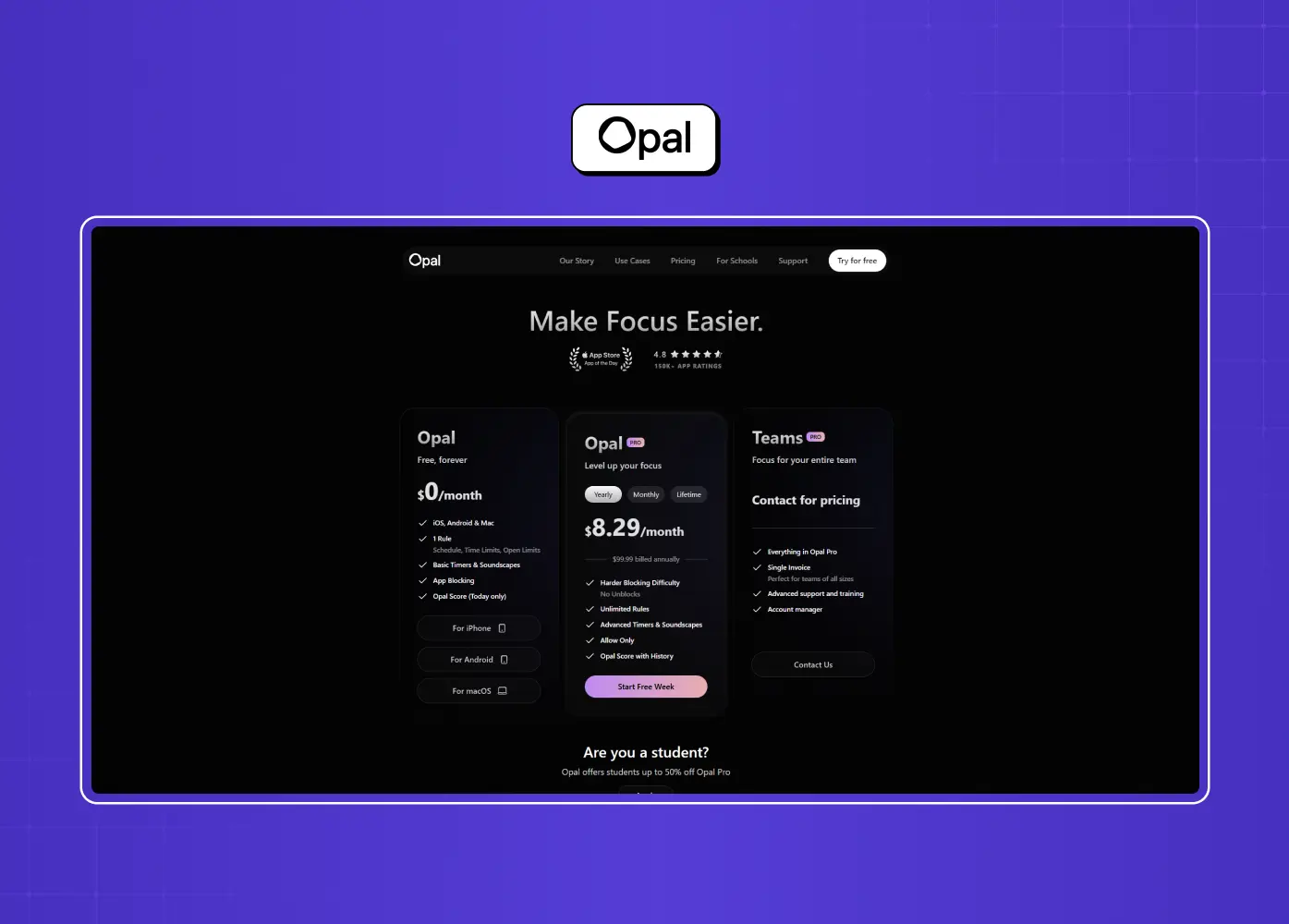 Opal pricing page presenting Free, Individual, and Team plans in a dark-themed layout focused on productivity features.