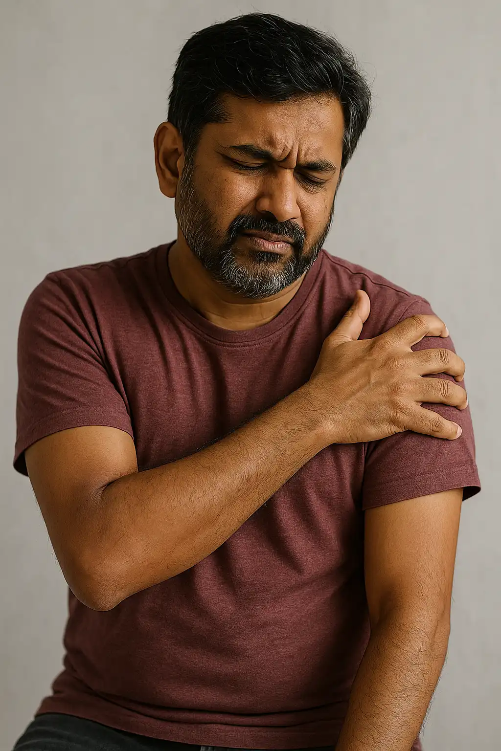 A man holding his shoulder with visible pain and limited range of motion, eyes closed as he reacts to shoulder discomfort.
