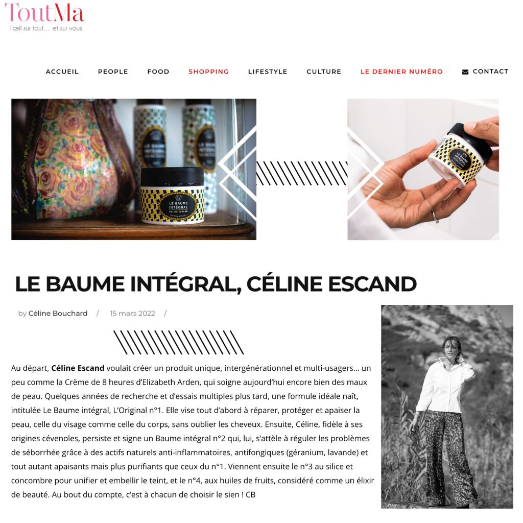 Article ToutMa présentant Céline Escand et Le Baume Intégral, soins bio multi-usages Made in Provence pour le visage et le corps