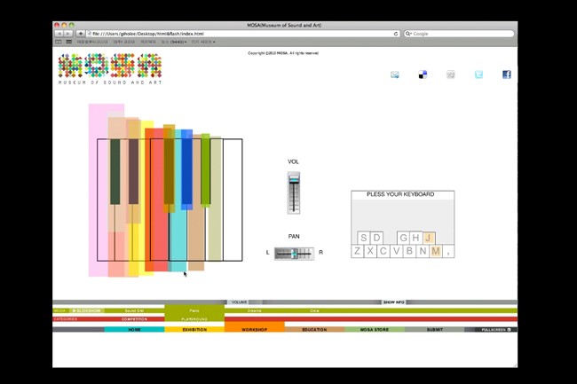 A screenshot of a music software interface displays a MIDI keyboard graphic on the left side, showing vertical bars of varying colors and widths. Below the graphic, a keyboard layout is presented with keys labeled "SD," "ZXCVBNM," and "L." To the right, a text box prompts the user to "PRESS YOUR KEYBOARD," accompanied by a standard QWERTY keyboard layout. Above the keyboard area, the title "MUSEUM OF SOUND AND ART" is displayed, along with navigation buttons and a search bar. The bottom of the screen shows tabs labeled "HOME," "EXHIBITION," "WORKSHOP," "EDUCATION," "MOSA STORE," and "SUBMIT."