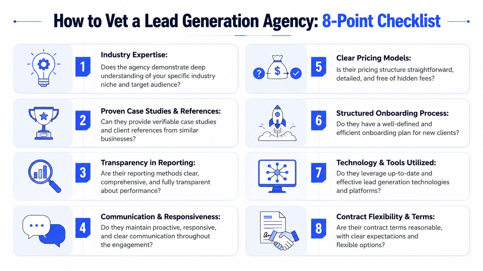 An infographic titled How to Vet a Lead Generation Agency featuring an eight-point checklist for businesses.