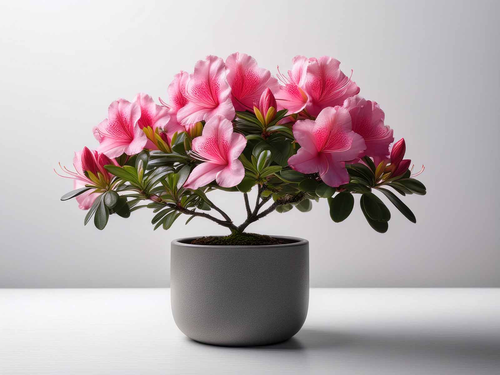 Vibrant pink Azalea plant with lush green foliage in a modern St. Louis office, supplied by Tropical Decor.