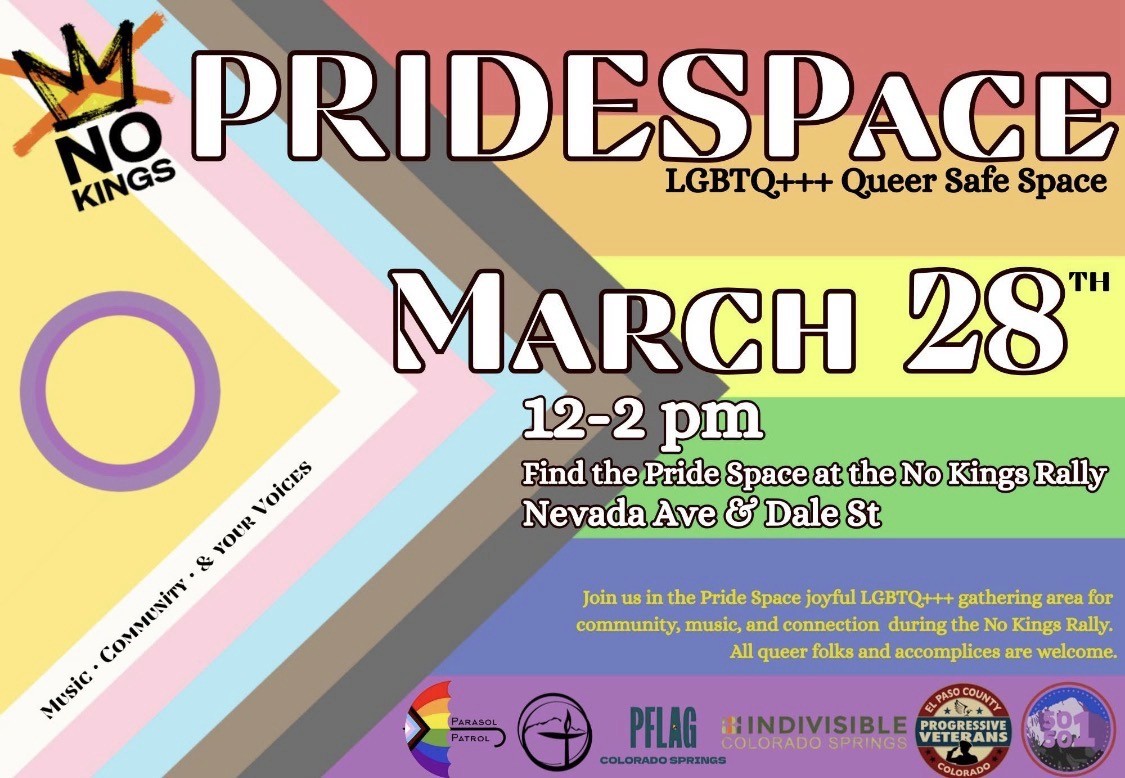 Credit: Trish Kantor. A protester with a backpack and American flag stands in front of a crowd.