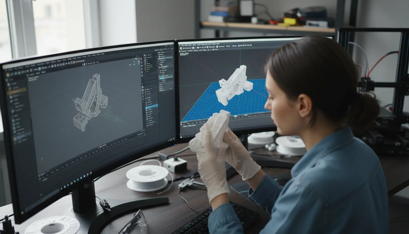 DSLR photograph from an over-the-shoulder perspective of an engineer examining a white, matte plastic, 3D-printed mechanical part. On the desk, a dual-monitor setup displays the workflow: the left screen shows the complex component in Blender 3D modeling software with abstracted UI elements, and the right screen shows the same model being prepared for printing in Ultimaker Cura slicer software with a visible grid build plate. The scene is illuminated by soft, natural daylight, creating a shallow depth of field with sharp focus on the screens and the physical prototype.