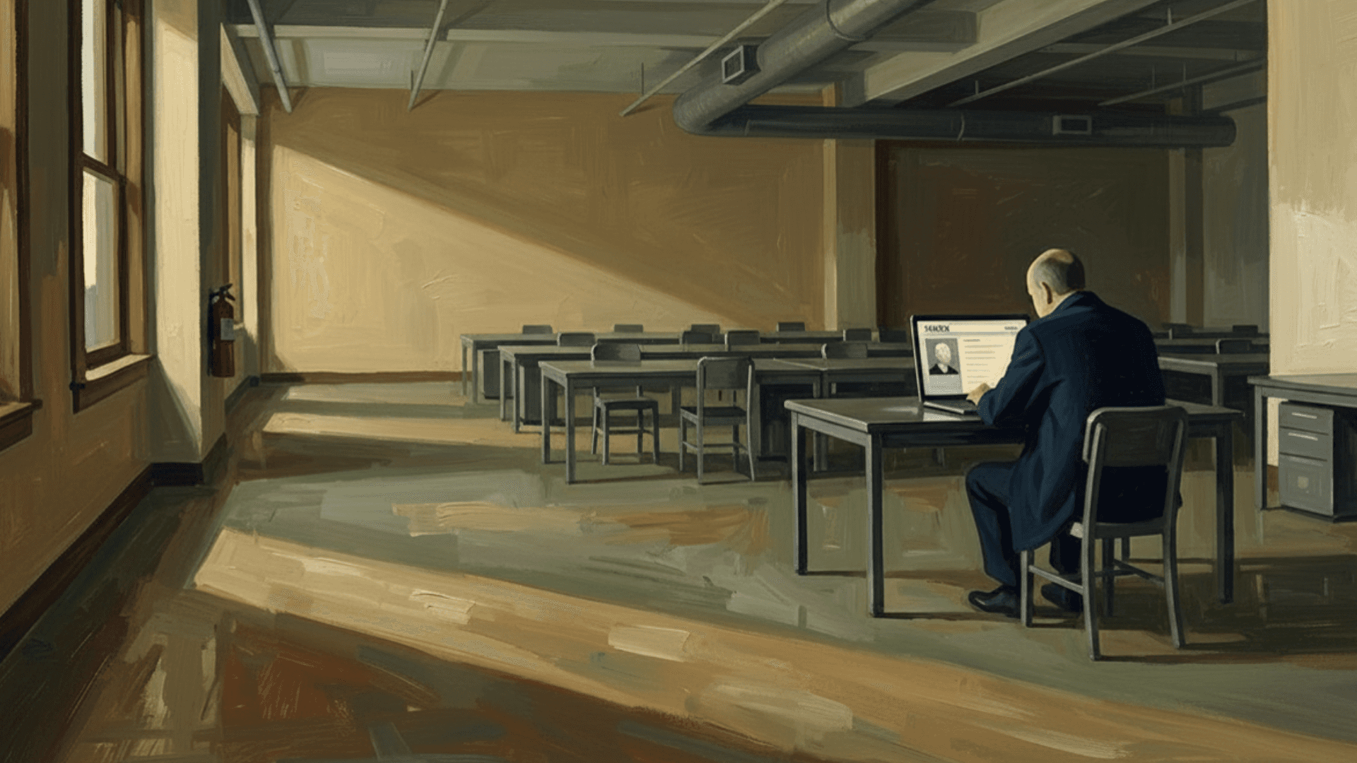 Oil painting in the style of Edward Hopper showing a lone figure in a dark suit sitting at a laptop in an empty open-plan office, afternoon light cutting through tall windows, an email with a faceless figure visible on the screen.