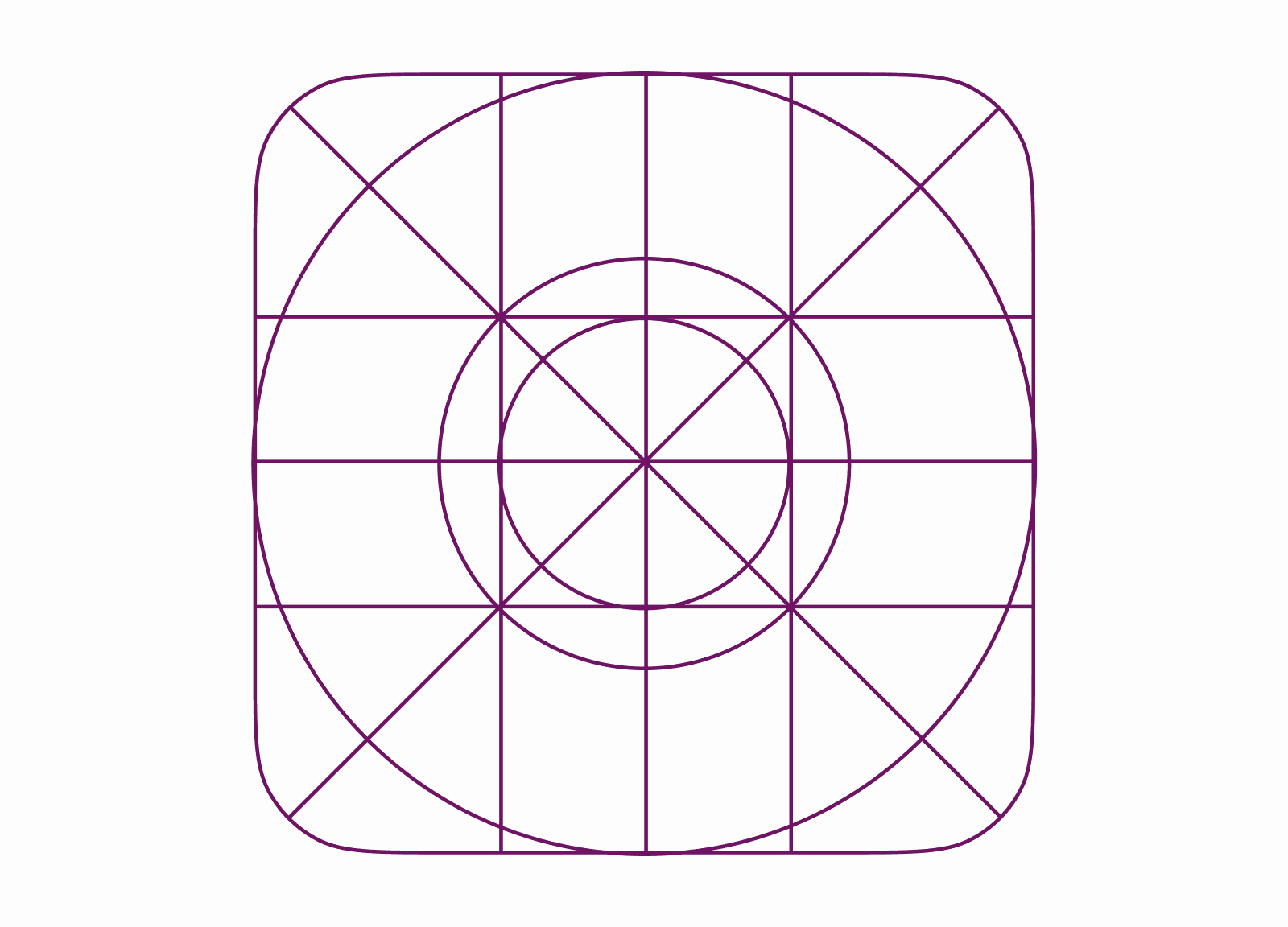 Purple geometric app icon grid template with circles, diagonal guides, and rounded square borders on a light background.