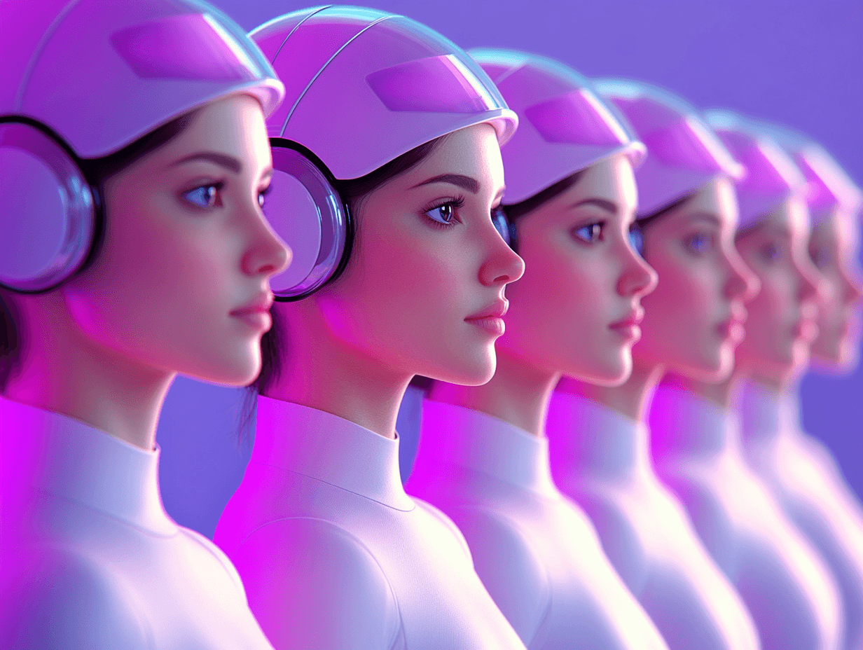 Aufgereihte Frauen in gleichem Outfit