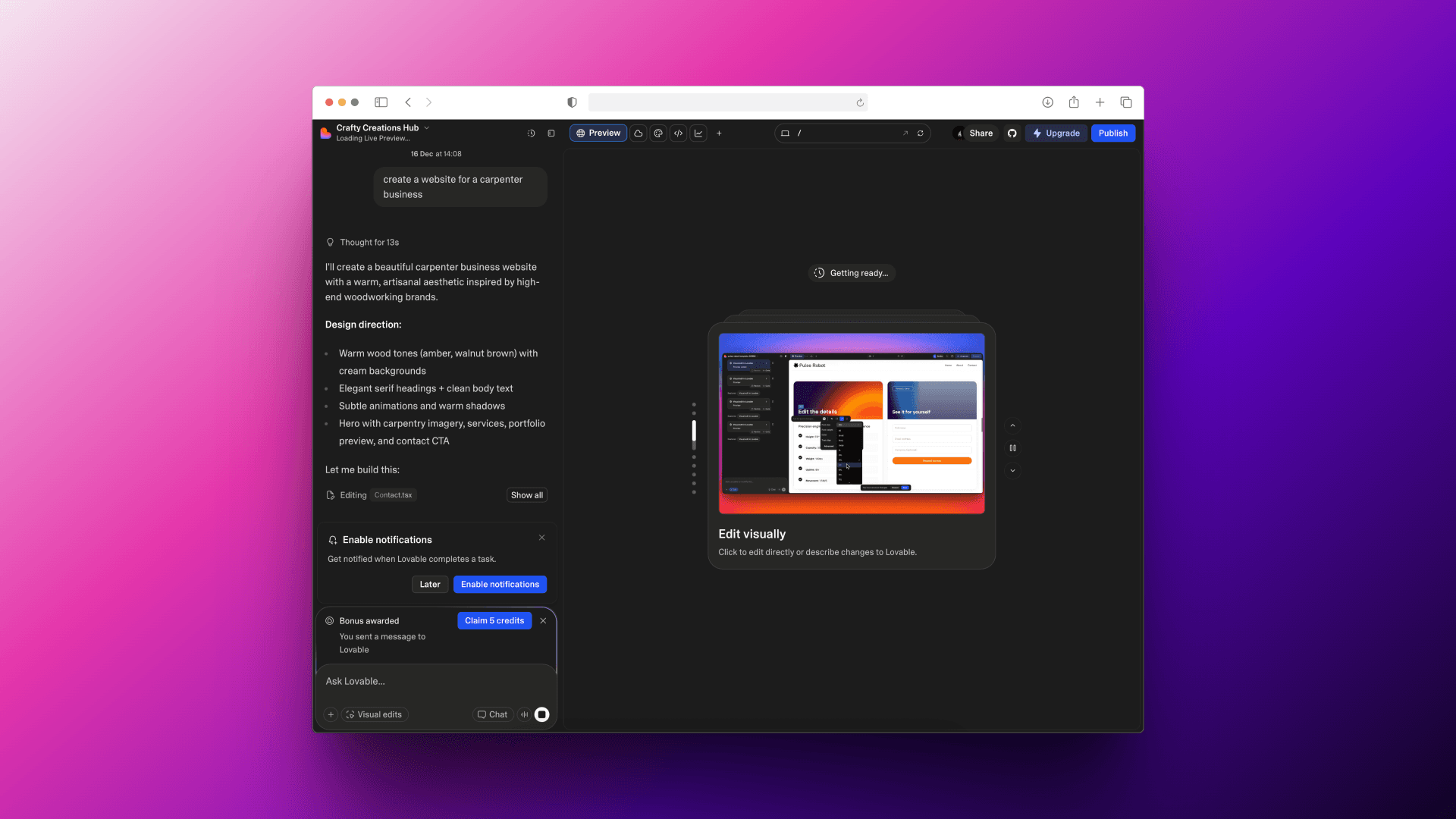 AI website builder interface generating a business website layout from a prompt, showing automated design and content creation in progress.