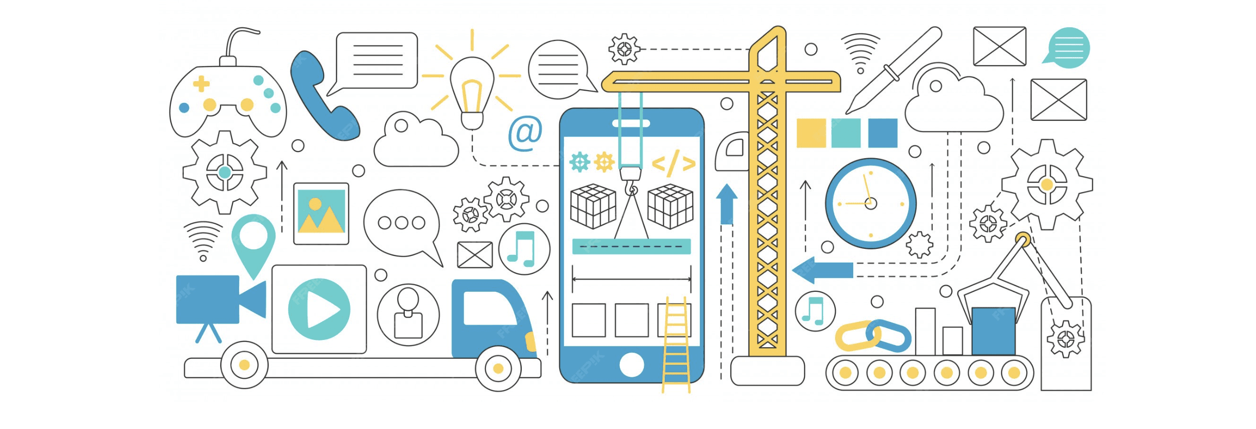 Image with white baground and mobile under construction representing application modernization