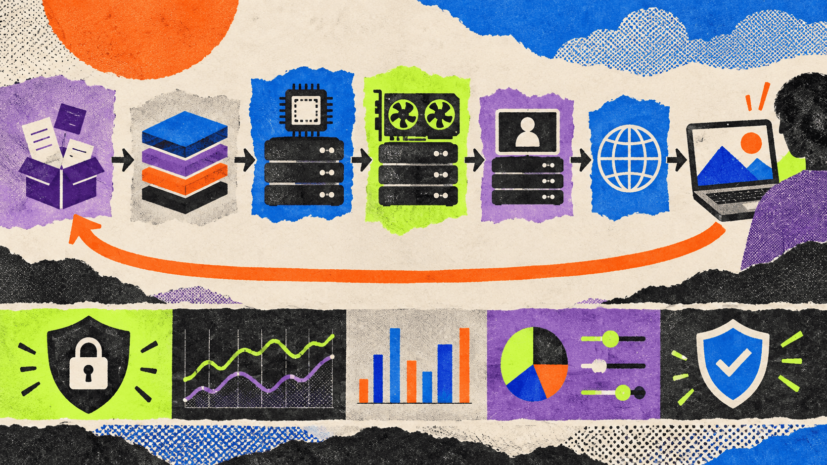 A layered application streaming architecture connecting software, remote compute, session management, browser output, user input, security, and monitoring.