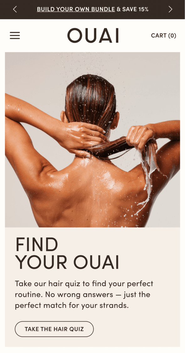 OUAI mobile brand page promoting personalised haircare routine discovery