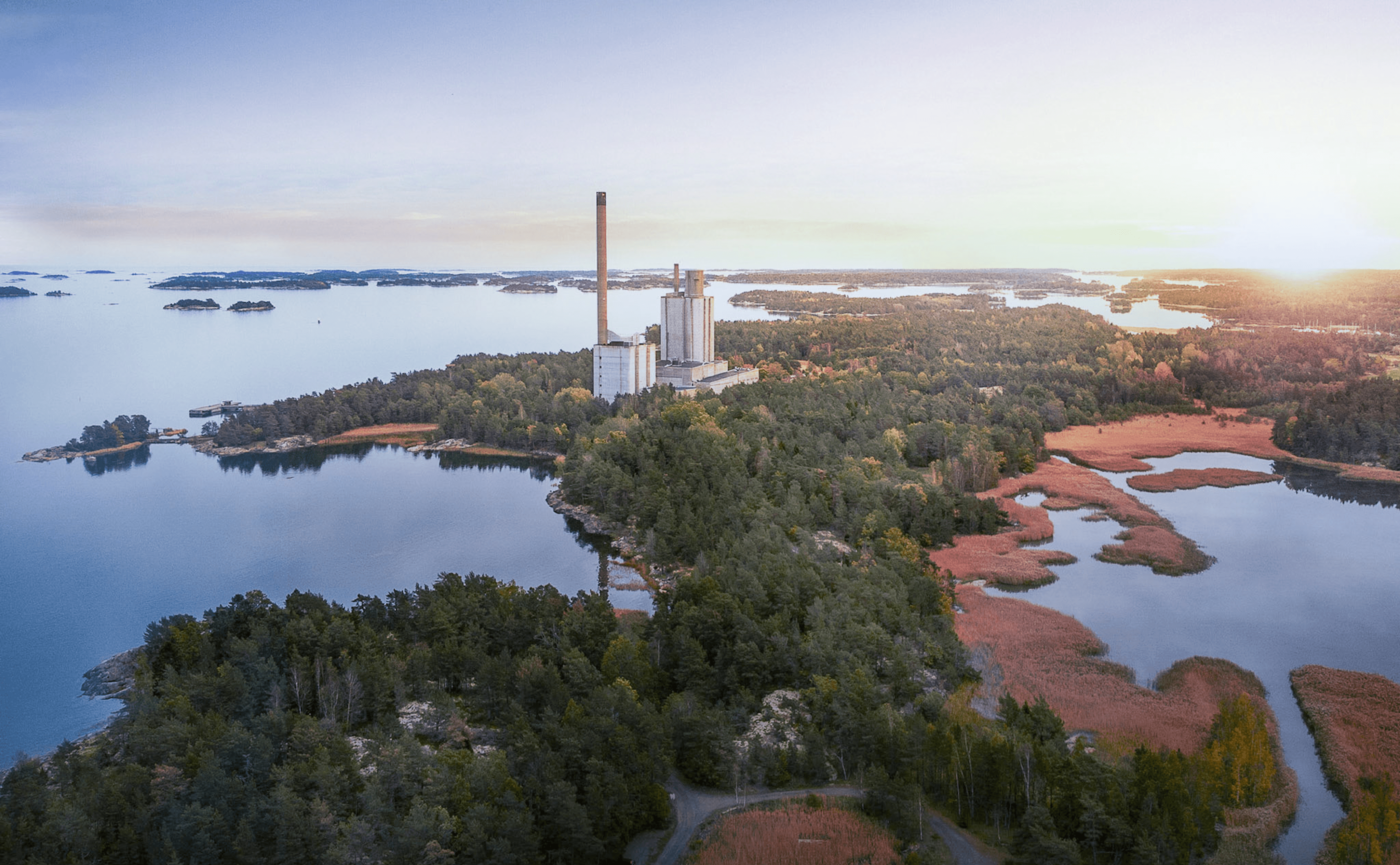 Aerial view of Marviken, Sweden — future site of EdgeMode’s sustainable AI supercomputing data center, surrounded by forest and water