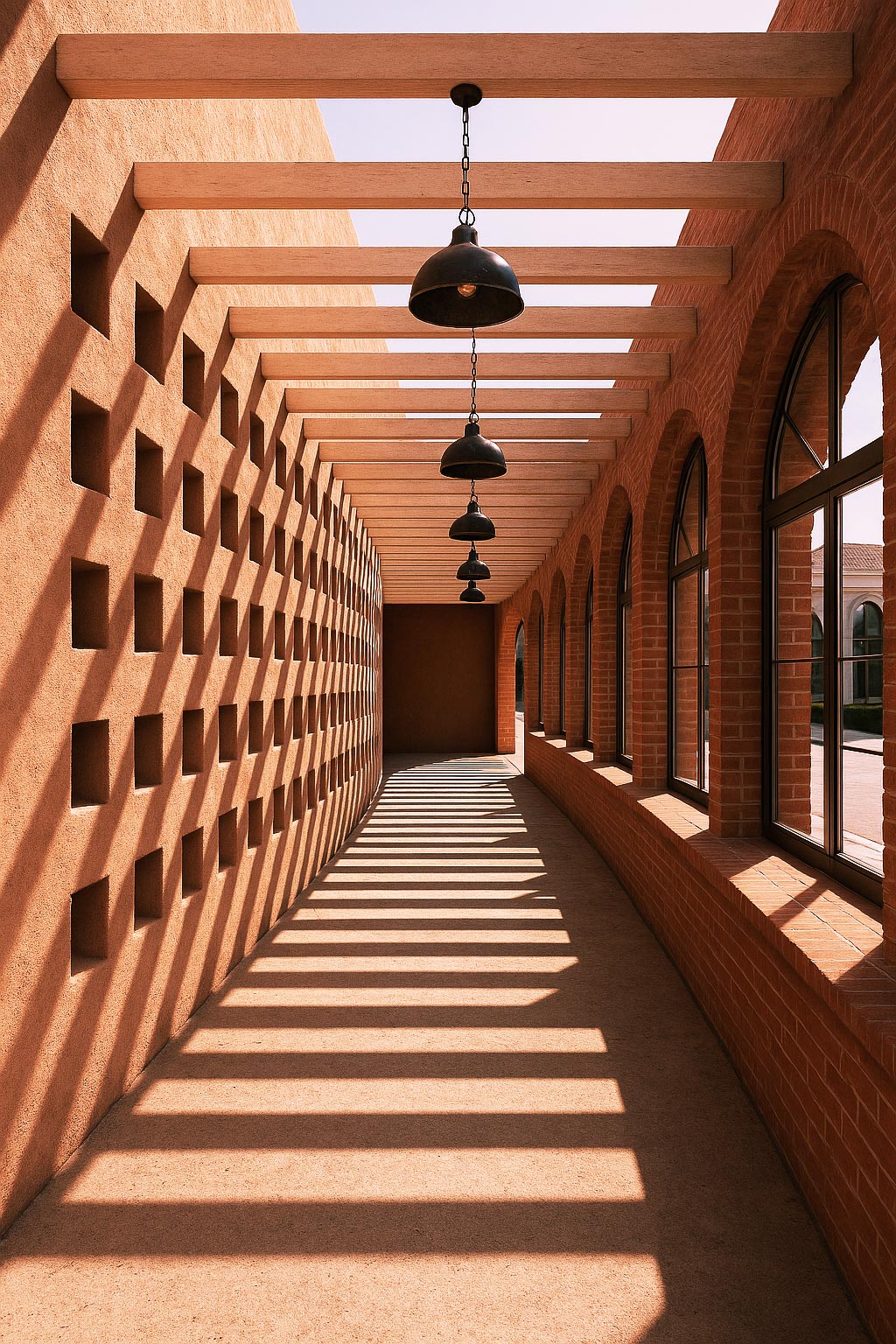 Outdoor corridor with brick arch windows, stucco grid wall, wooden pergola, and dramatic sunlight shadows.