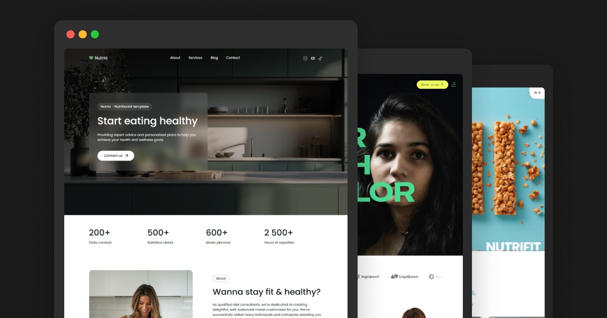 Collage of five Framer templates for nutritionists — Nutria, Nutrica, Nutrizen, NutriFit, and Nutriwell shown side by side across desktop mockups