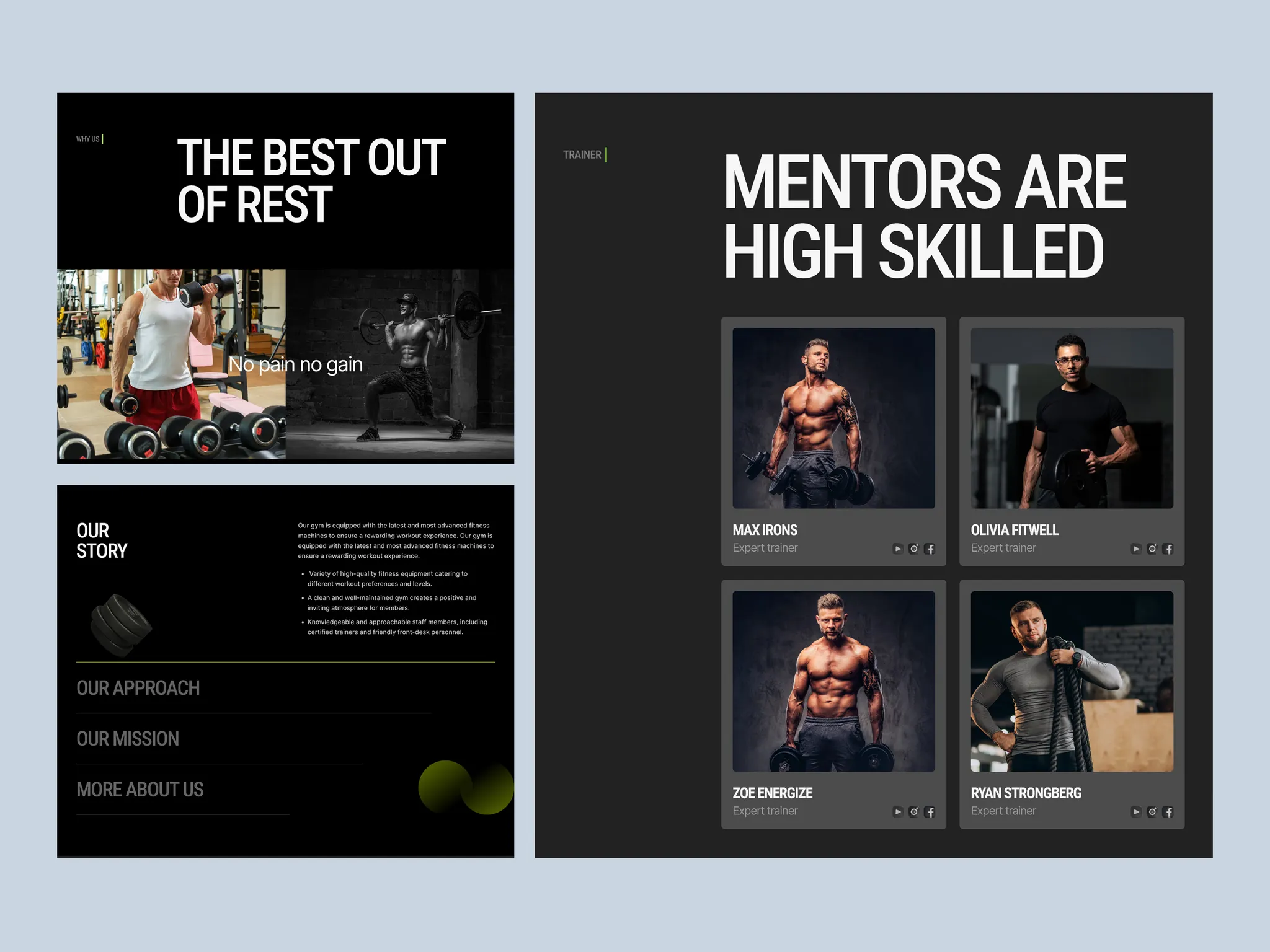 FC10 fitness club dark template with trainer profiles, our story section, and bold motivational headlines.