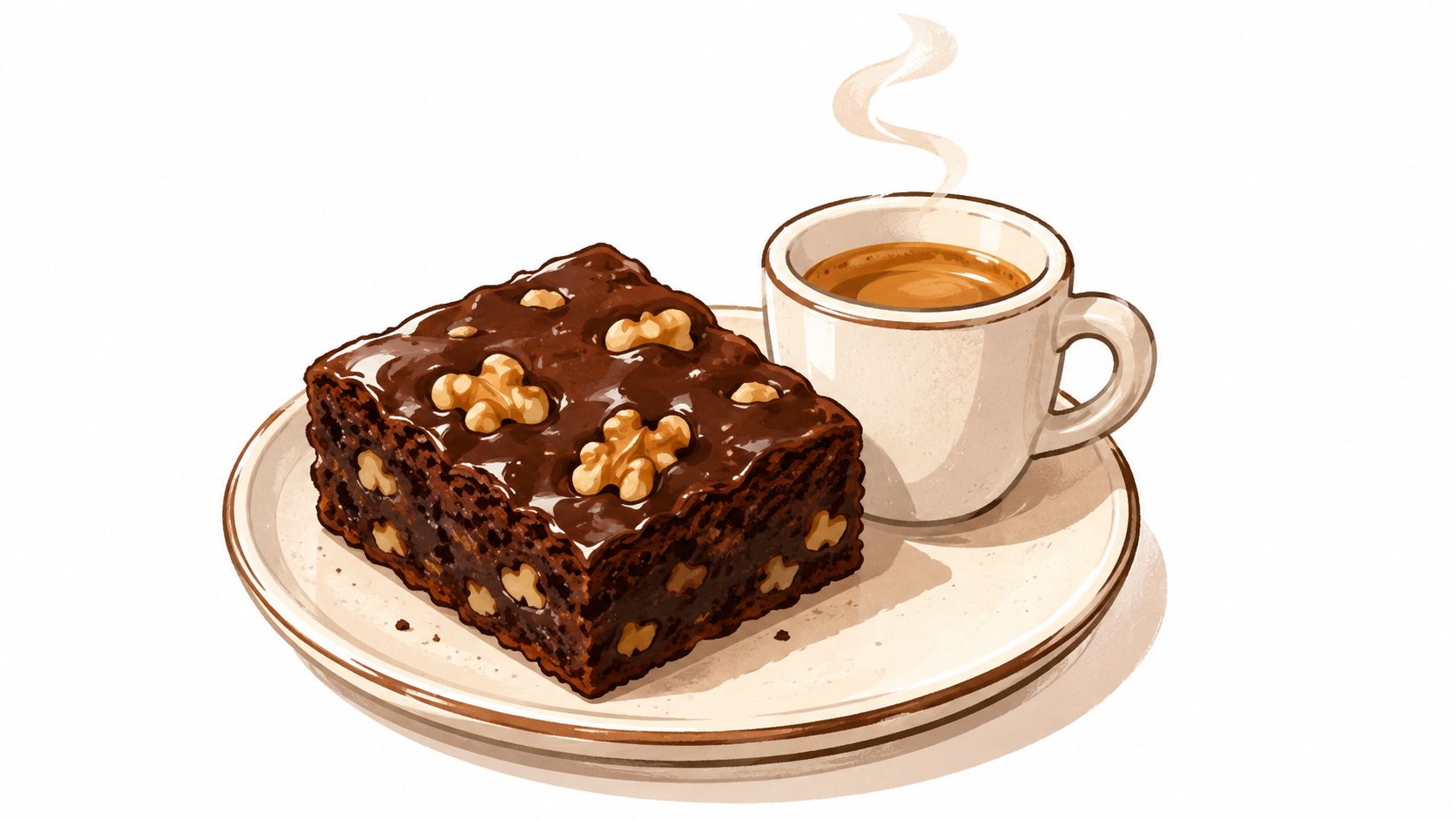 Un delicioso brownie con nueces acompañado de una taza de café caliente servido en un plato blanco.