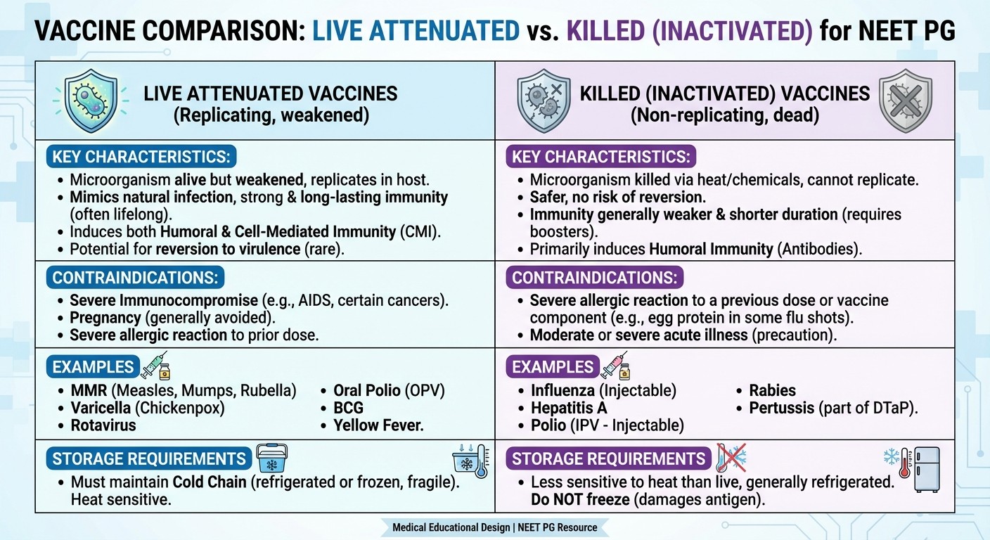 Live vs killed vaccines comparison chart for NEET PG