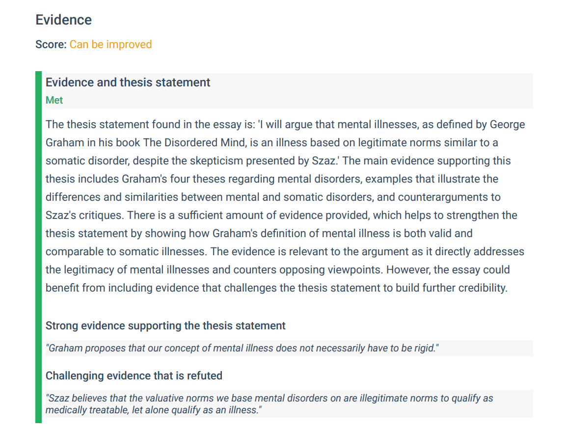 thesify Evidence panel summarizing a thesis statement and related evidence for formative review.