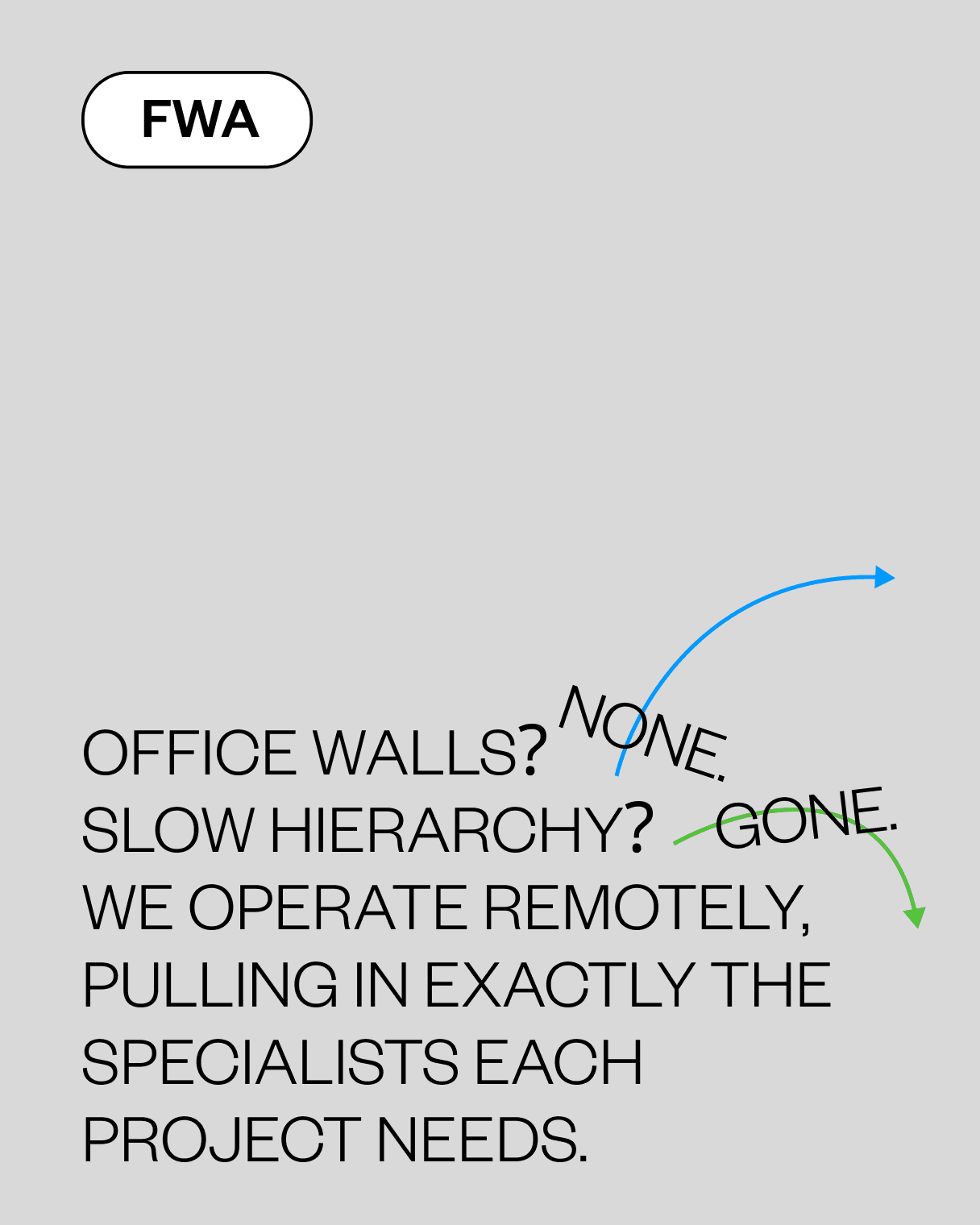 Remote-first creative agency poster emphasizing flexible team structure and project-based specialists