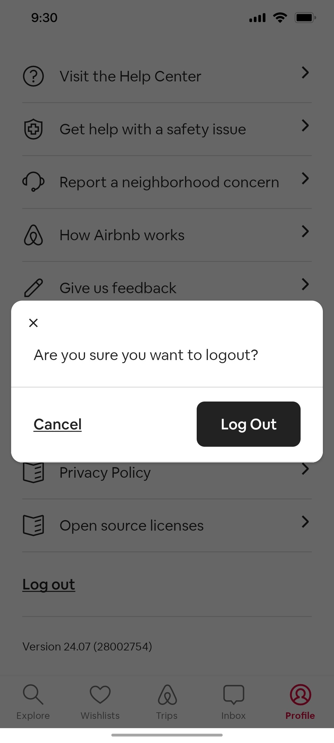 Airbnb Logout screen