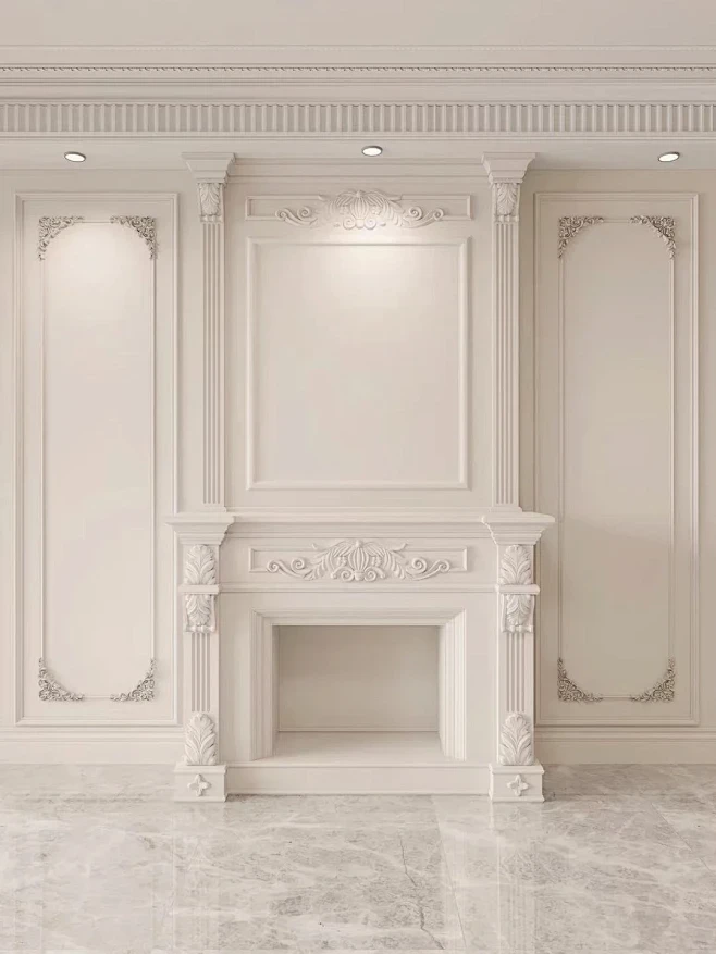 A luxurious white fireplace wall panel featuring intricate carvings, surrounded by marble flooring, creating an elegant and classical interior design.