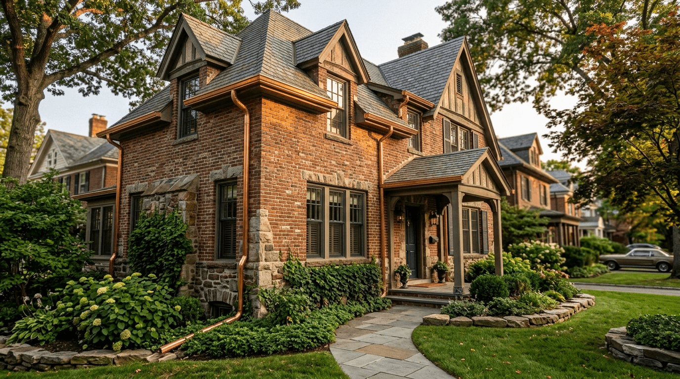 A large, brick home in a historical neighborhood with lush landscaping and bright copper rain gutters
