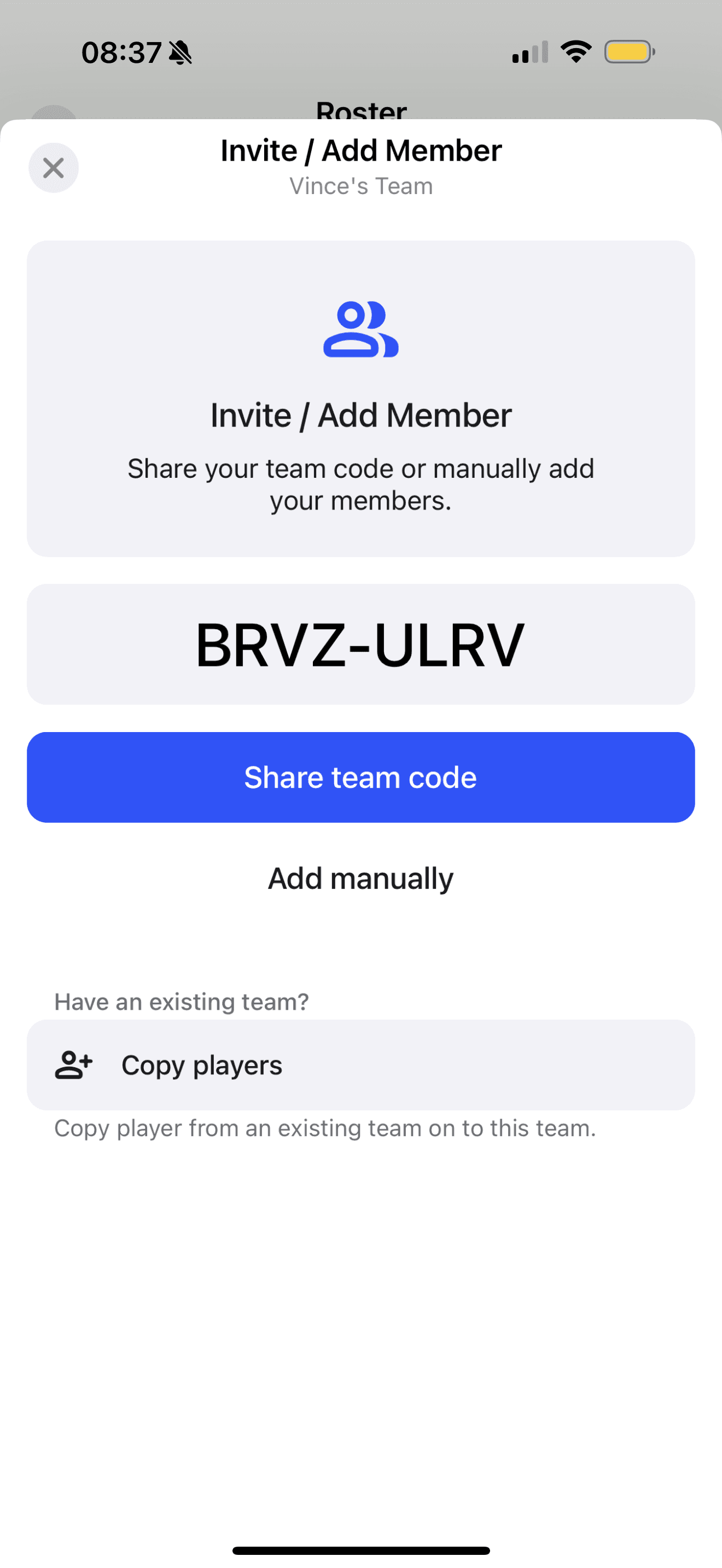 Sharing Invite Codes with Players for the TeamLinkt Sports Team App
