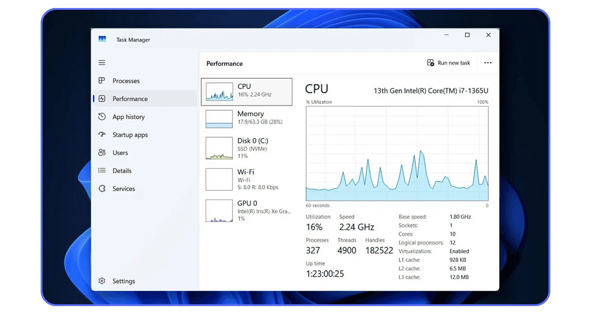 Windows Task Manager “Performance” tab displaying CPU usage graph and hardware specs of an Intel Core i7 processor.