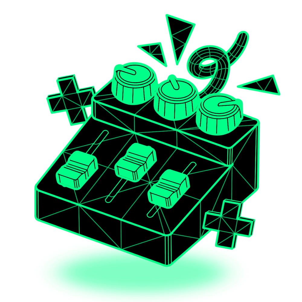 Futuristic illustration of a sound mixer with knobs and sliders glowing in neon green.