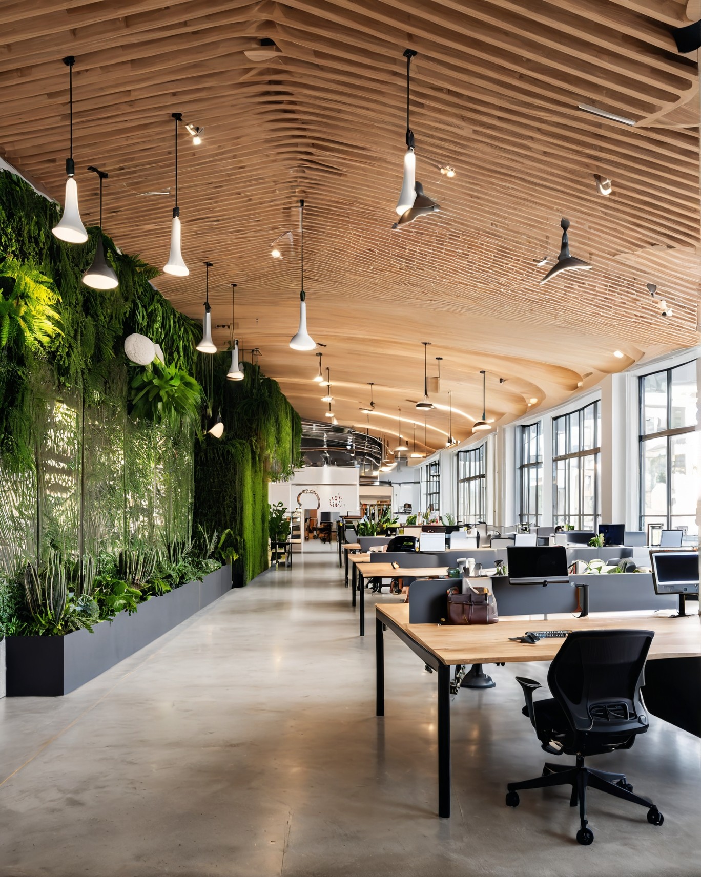 Natural light-flooded open workspace with tall partitions and muted beige palette