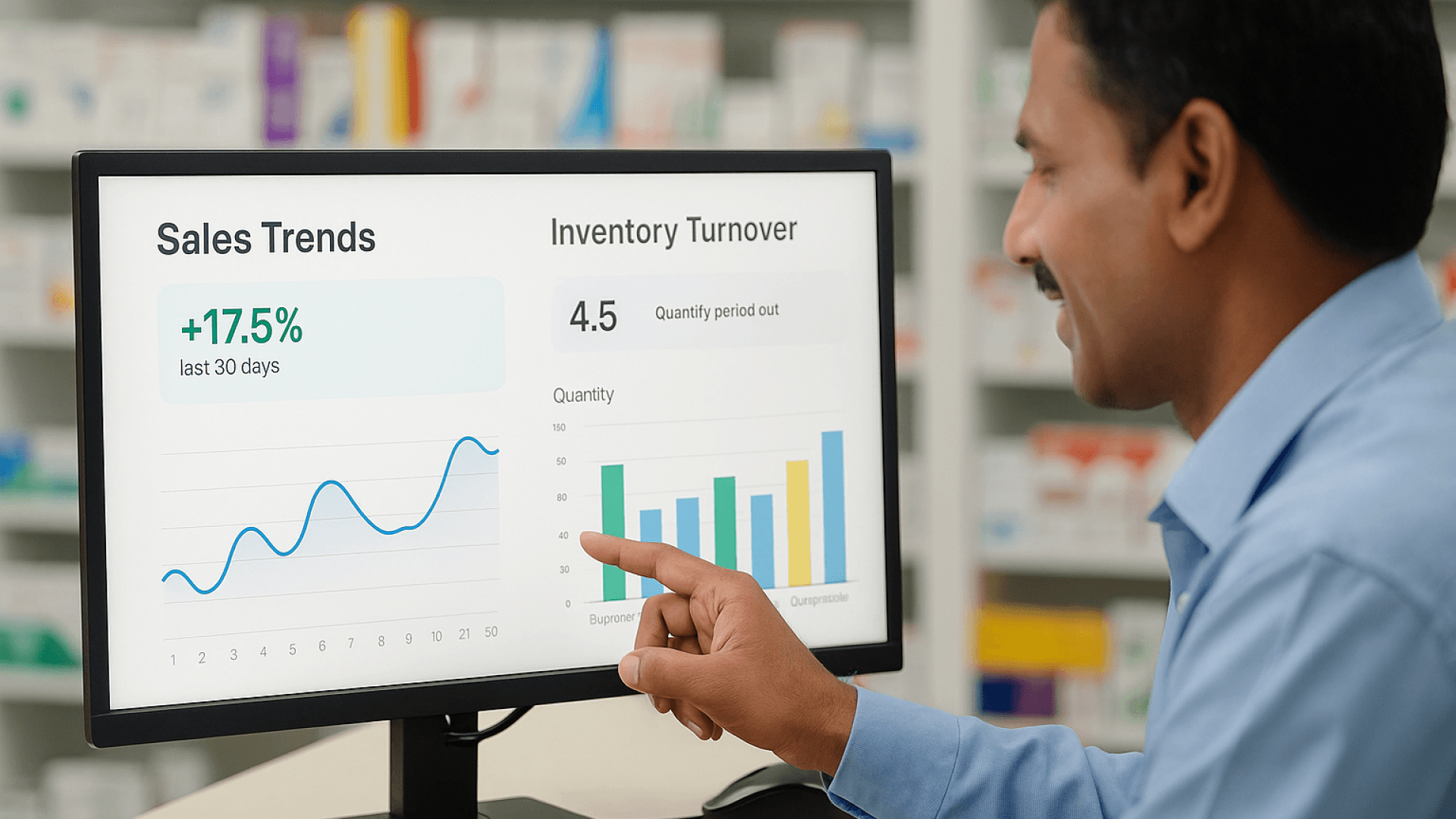 Tablet screen showing automated billing interface with GST and product breakdown for Paracetamol in a pharmacy setting