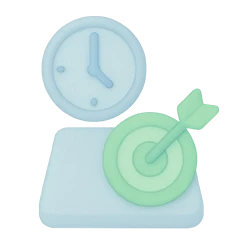 3D icon of a clock and target representing Qubi Step 3: define campaign timing and audience targets