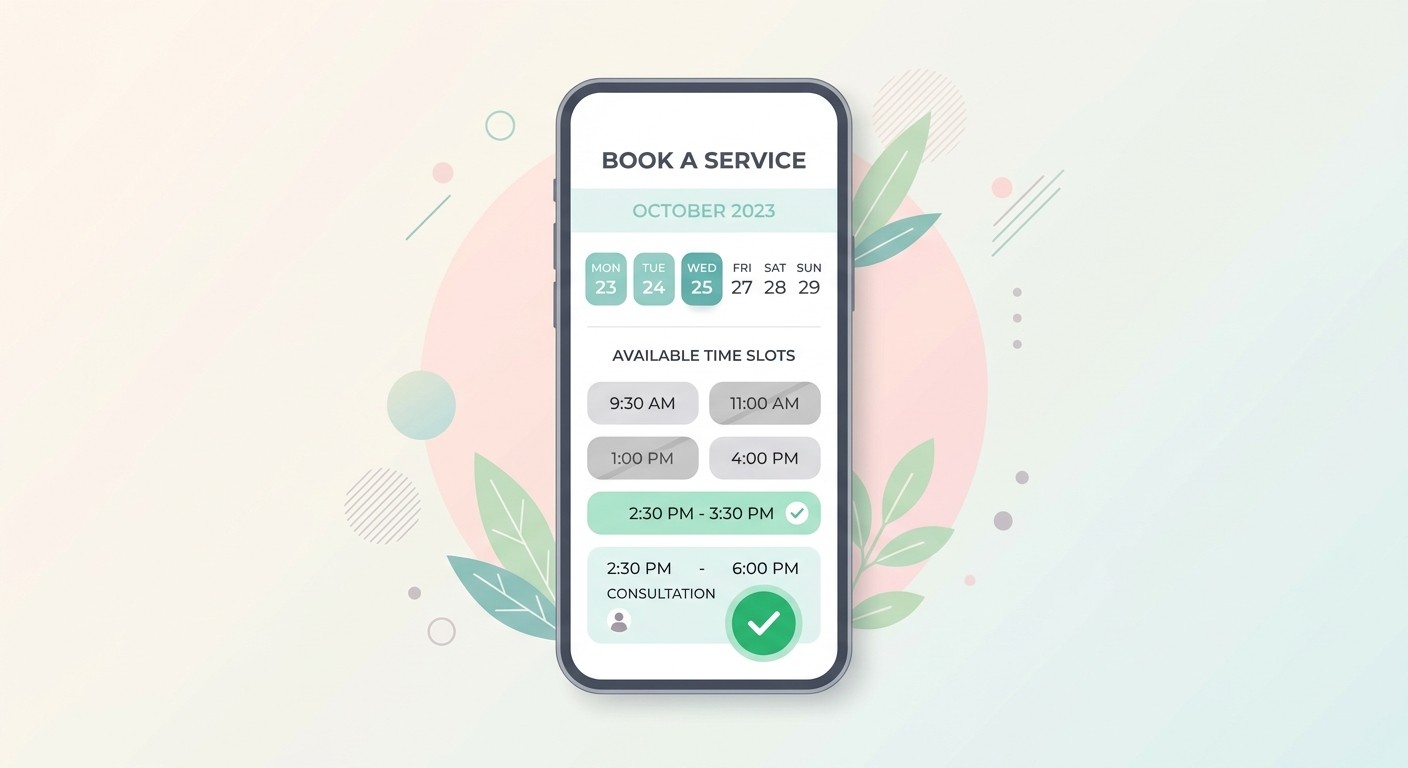 Booking app on a phone showing time slots and a confirmed appointment