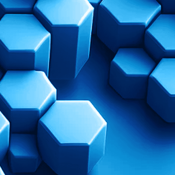 This image displays a pattern of three-dimensional hexagons in varying shades of blue. The hexagonal shapes are arranged in a tessellated manner, forming a continuous surface with some hexagons appearing slightly elevated, creating a sense of depth and contrast through lighting and shading. The overall effect is a visually striking geometric design with a cool, futuristic feel due to the blue color palette and structured composition.