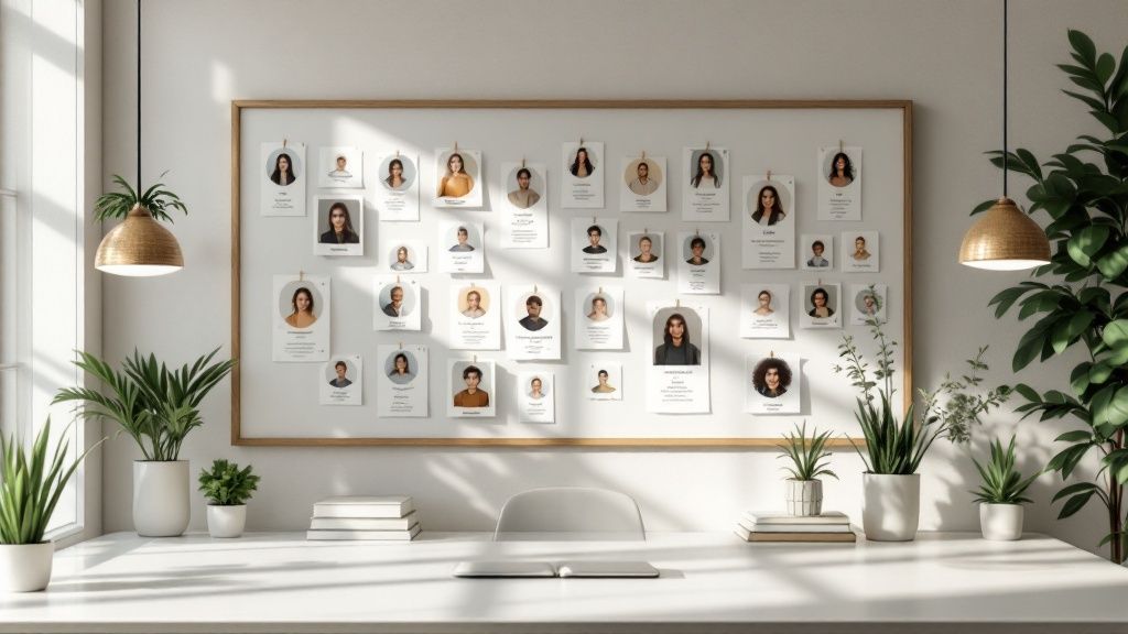 A modern office wall featuring neatly arranged profile photos and bios of team members, surrounded by indoor plants and warm lighting, with a minimal white desk in the foreground
