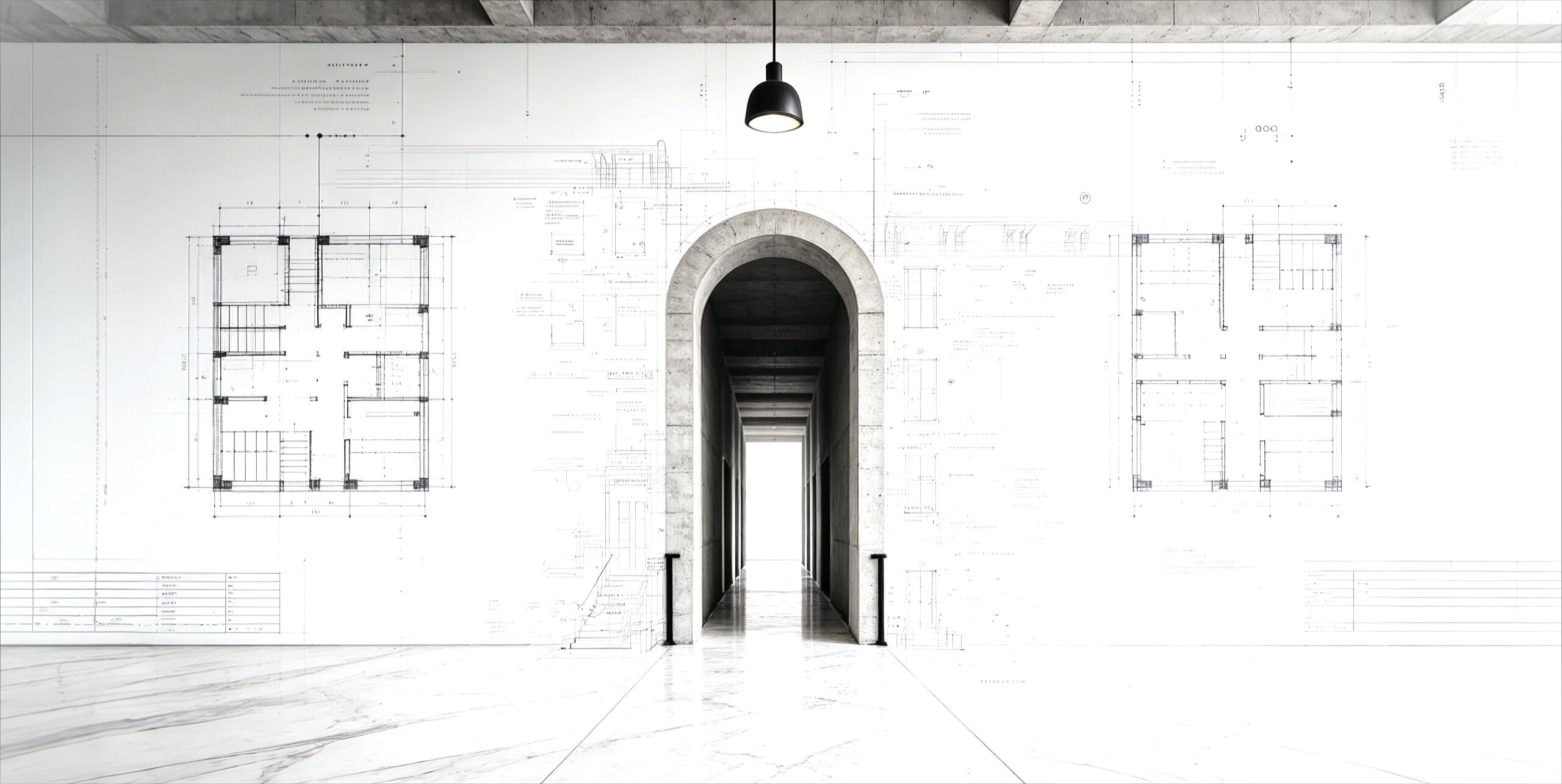 Espaço arquitetônico com planta técnica ao fundo e corredor em arco, representando estruturação patrimonial e planejamento tributário