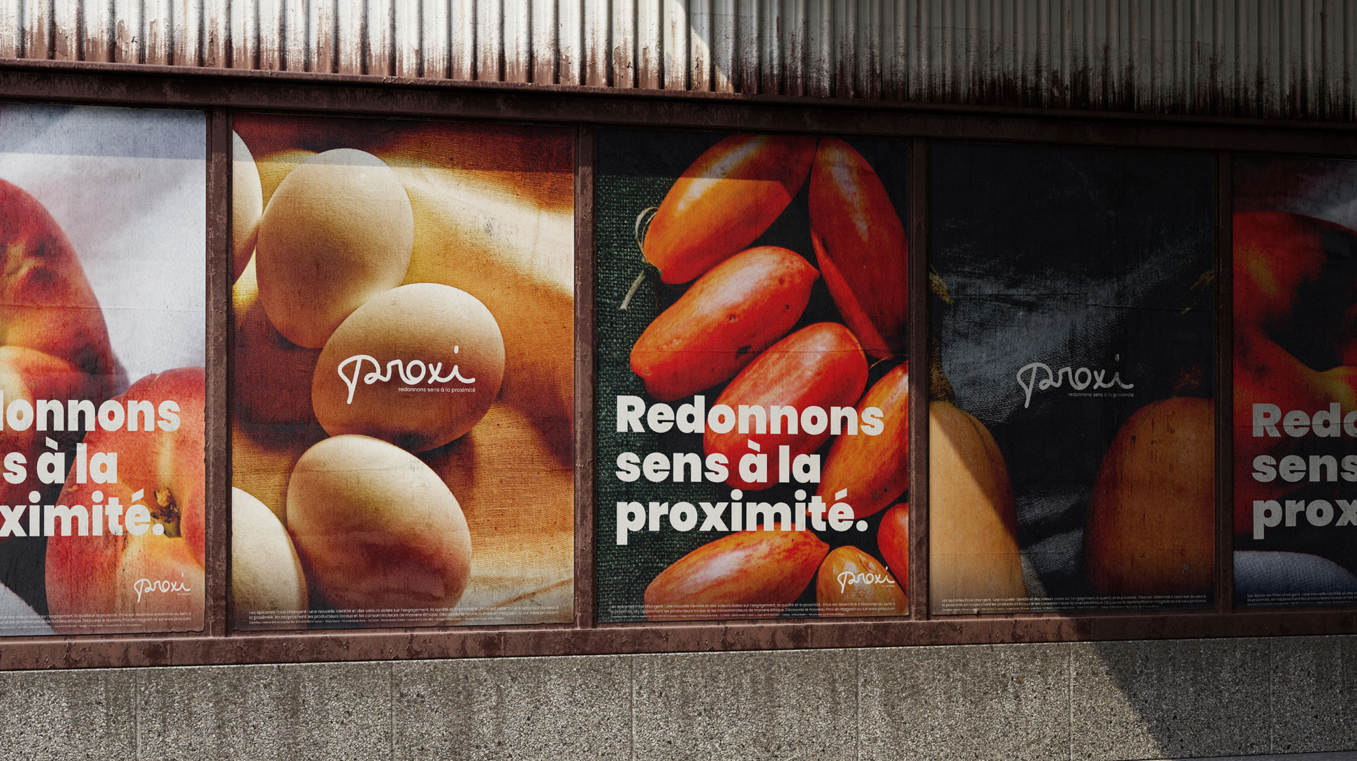 Affiches urbaines Redonnons sens à la proximité - Oeufs, tomates, courges, pêches.