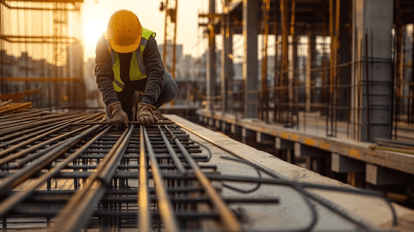 seven construction workers standing on white field