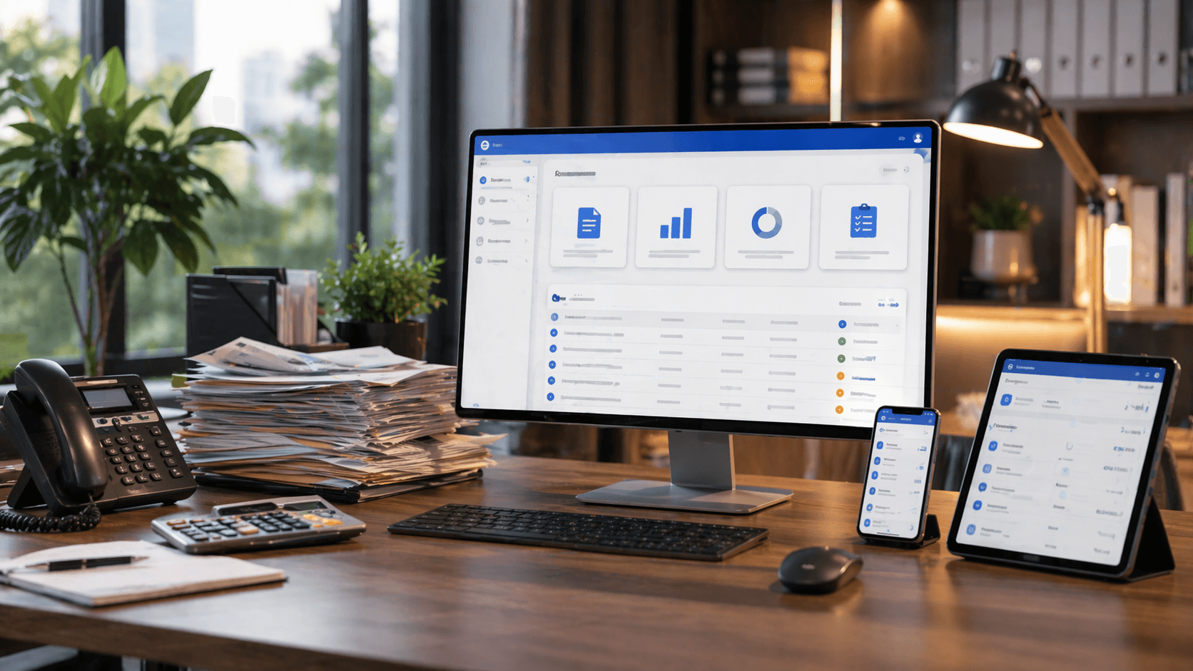Ambiente de escritório moderno em 3D realista, com uma mesa organizada contendo monitor, celular e tablet exibindo um sistema financeiro digital. Ao lado, há uma pilha de papéis e um telefone fixo, sugerindo processos manuais. A cena é bem iluminada, com elementos que contrastam organização digital e acúmulo de tarefas operacionais, sem presença de pessoas.